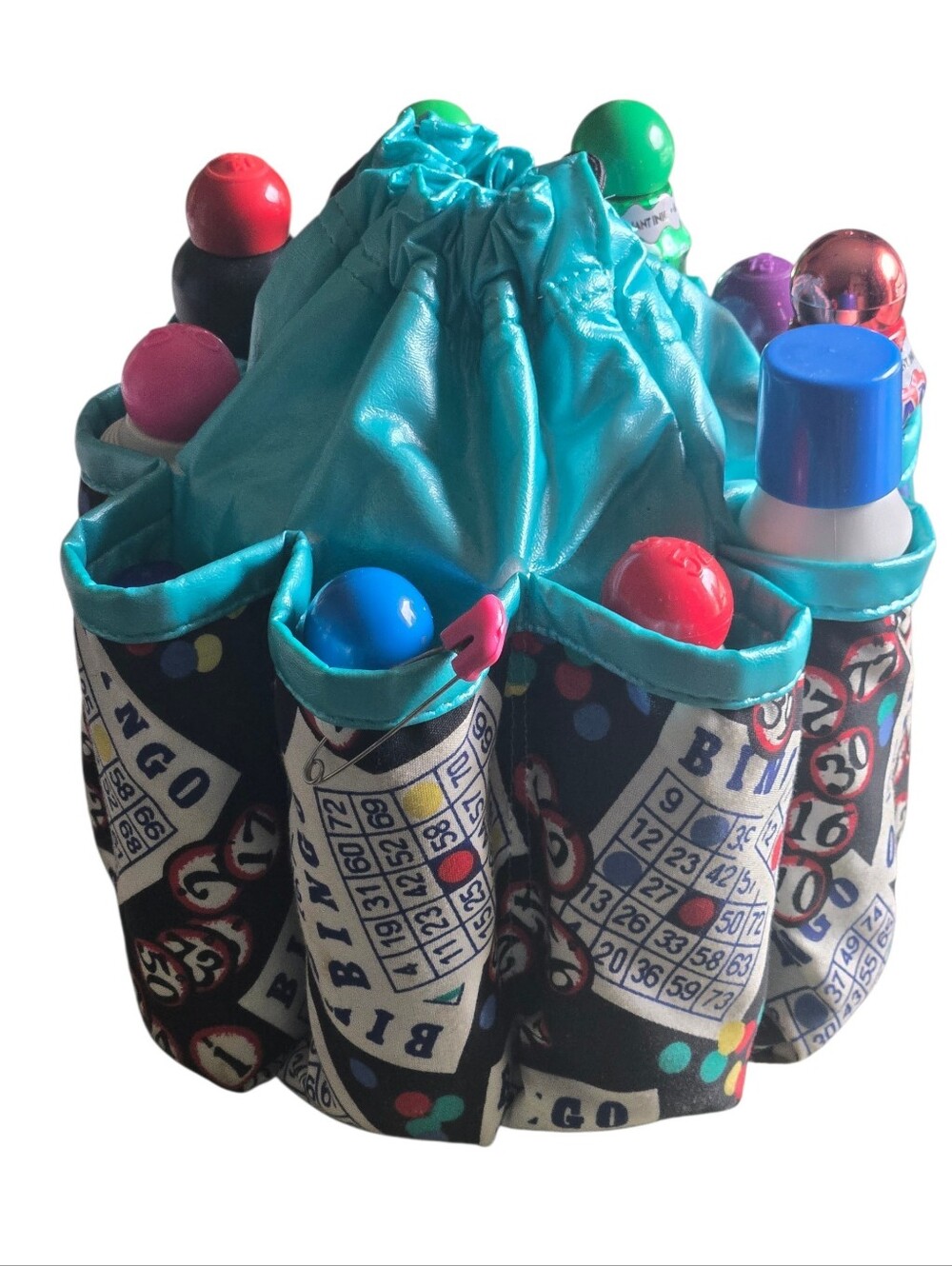 Mom's Bingo Bag Vintage 90s Teal Pleather 10 Dauber Pockets Bonus Bag Inside USA - Picture 7 of 9